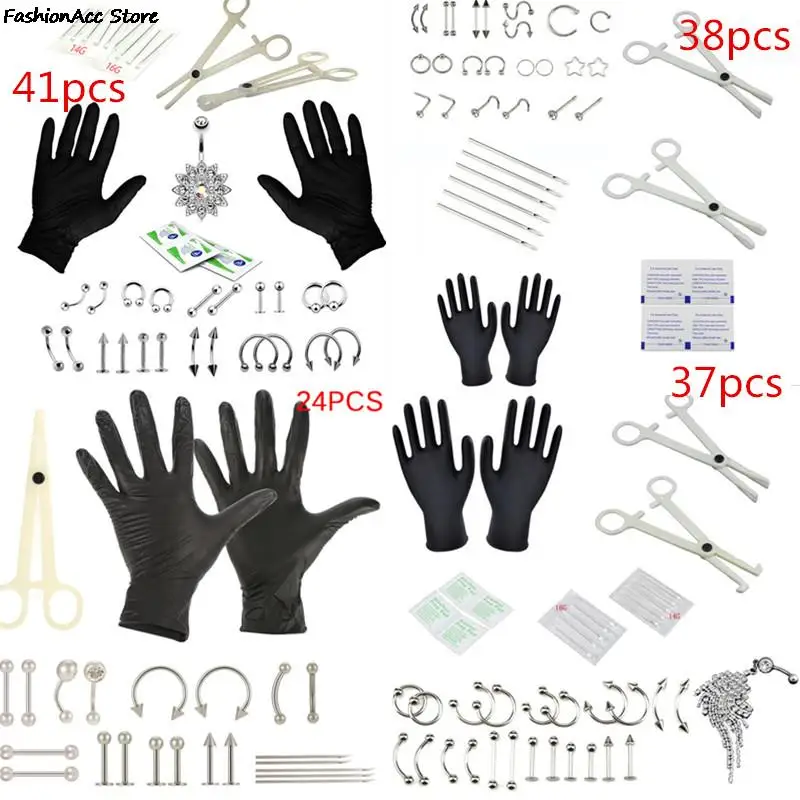 Hot Sale Tongue Eyebrow Nose Belly Button Body Jewelry Piercing Rings Clamp Gloves Needles Tool Kit Ear Plug Prong Studs 8-41pcs