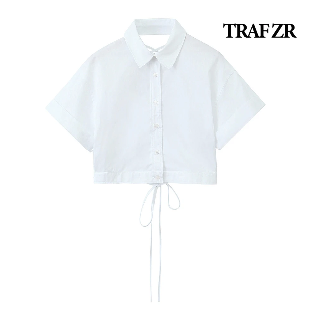 

TRAF ZR Elegant Women Shirts Backless Short Blouses for Women Cropped Tops Turn-up Sleeves Summer One Piece Back Adjustable Ties