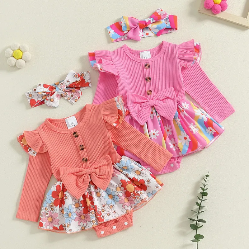 

RUEWEY 3 to 24 Months Baby Girl Bodysuit Spring Autumn Clothes Long Sleeve Crew Neck Flower Print A-line Jumpsuit with Headband