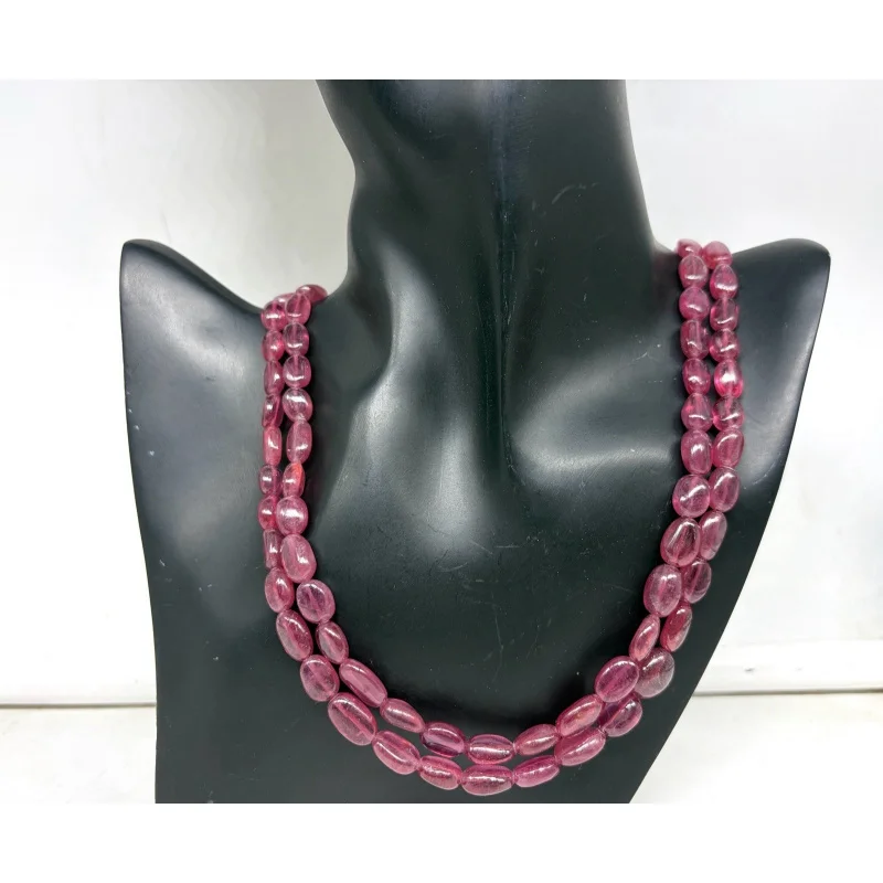 

2-Strand Ruby Necklace 8-10mm Smooth Oval Gemstone Beads Sterling Silver