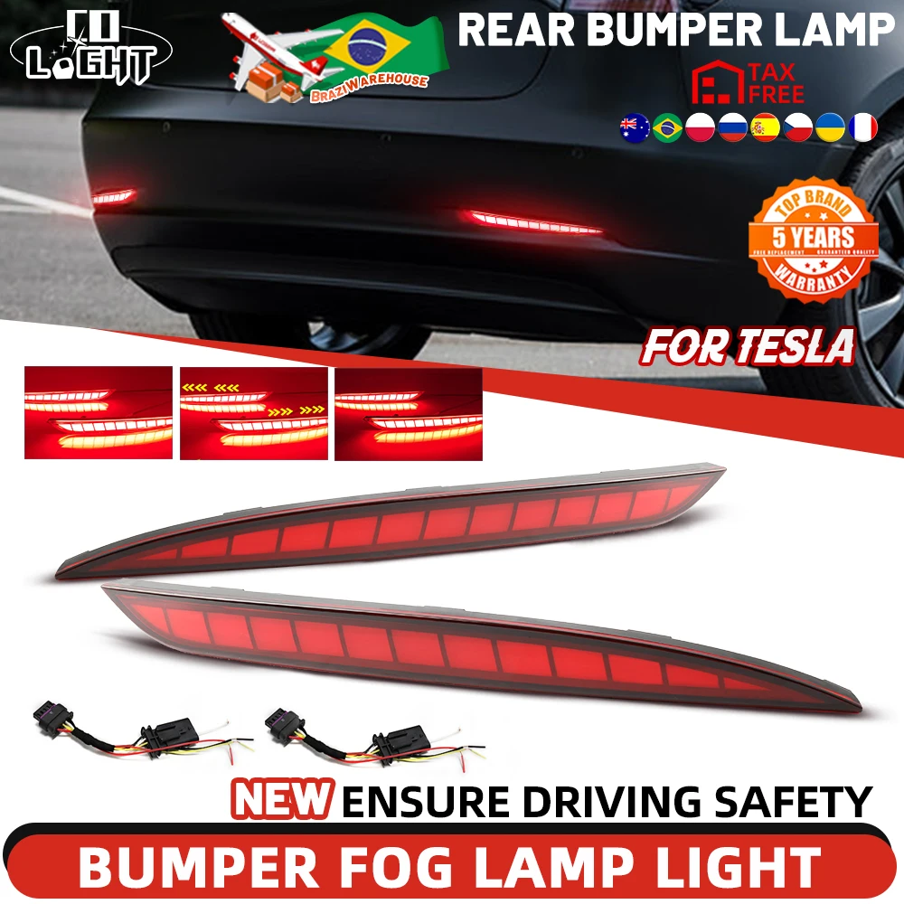 

For Tesla Model Y 2019 2020 2021 2022 2023 2024 Led Rear Bumper Reflector 3 Functions Brake Light 12V 24V Dynamic Turn Signal