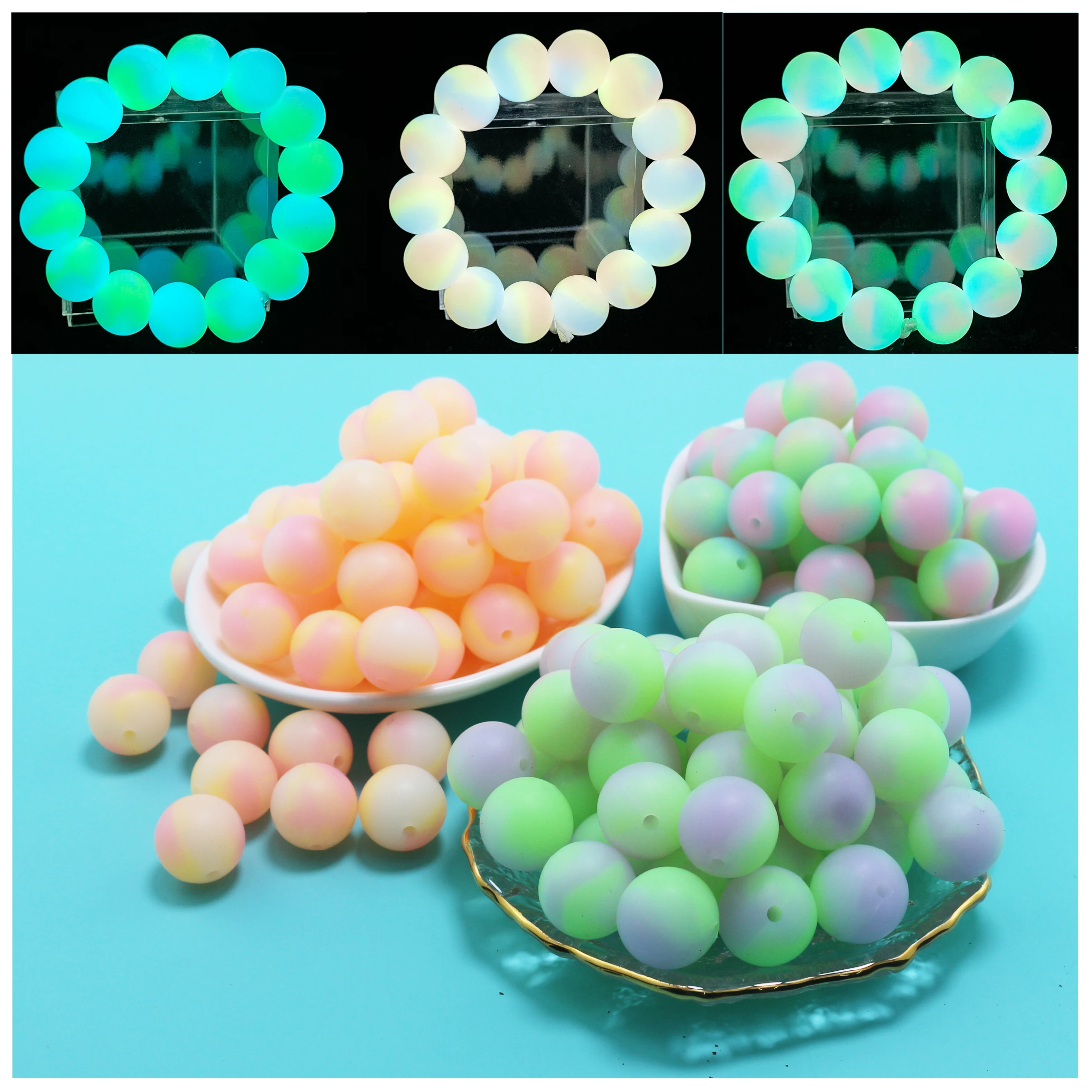 빛나는 구슬 12mm 100pc 실리콘 구슬 어둠 속에서 15mm 느슨한 광선 DIY 목걸이 BPA 무료 젖꼭지 선물 액세서리