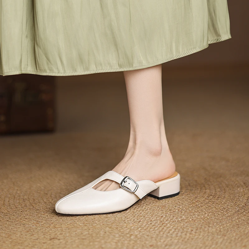

Handmade Genuine Leather Large Size 34-42 Closed Toe Mules Metal Buckle Summer Dressy Elegant Slippers for Women