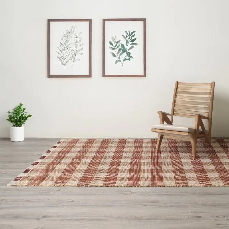 

Hand Woven Jute & Cotton Brown Plaid Area Rug 6x9 ft - Nature-Inspired Home Décor for Living Room, Bedroom & More