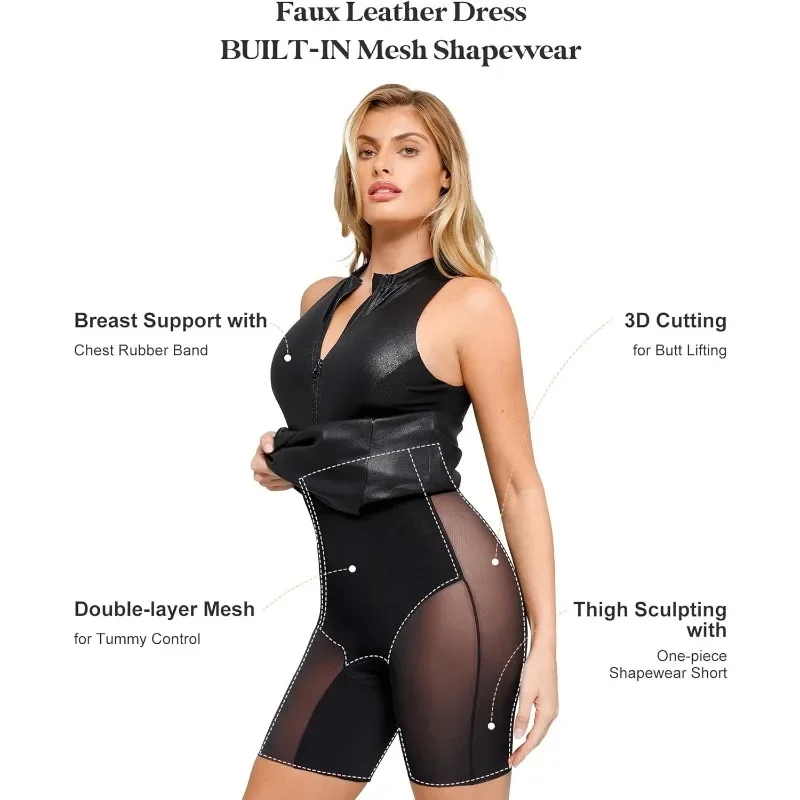 Built-in Shapewear Leather - Mock Neck Dress