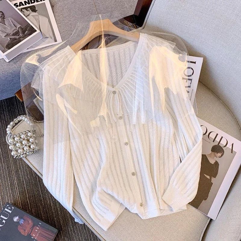

Women 2025 Autumn New Commute Versatile Solid Mesh Patchwork V-Neck Knitted Sweater Casual Slimming Simple Pullover