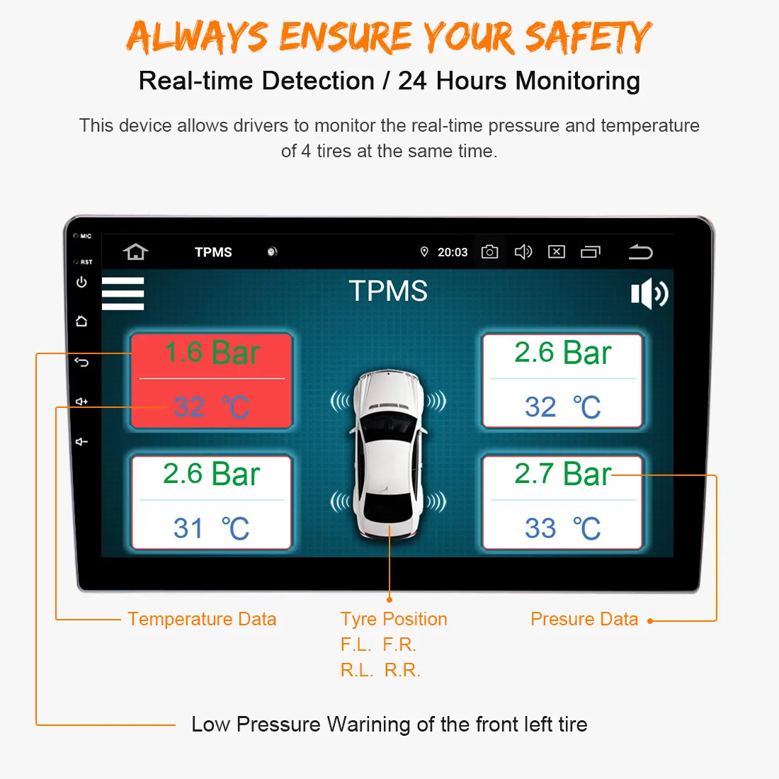 

External / Internal Sensors Real-time Display TPMS tire pressure monitoring alarm system wireless transmission