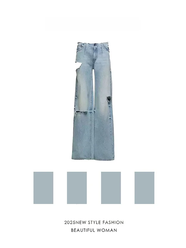 

American Style High Waist Straight Leg Jeans Knocking Head Distressed Casual Summer Pants for Women Unique Streetwear Design