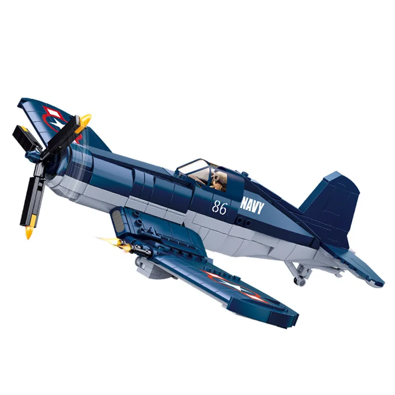 550PCS WW2 Pacific Storm Military Weapon F4U-1 Pirate Fighter Building Blocks Air Force Model Bricks Plane Soldier Toys For Kids