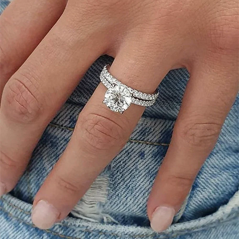 Huitan gorąca sprzedaż proste eleganckie okrągłe/kwadratowe pierścionki CZ dla kobiet kolor srebrny zaręczyny wesele moda damska pierścionek biżuteria — zdjęcie 6