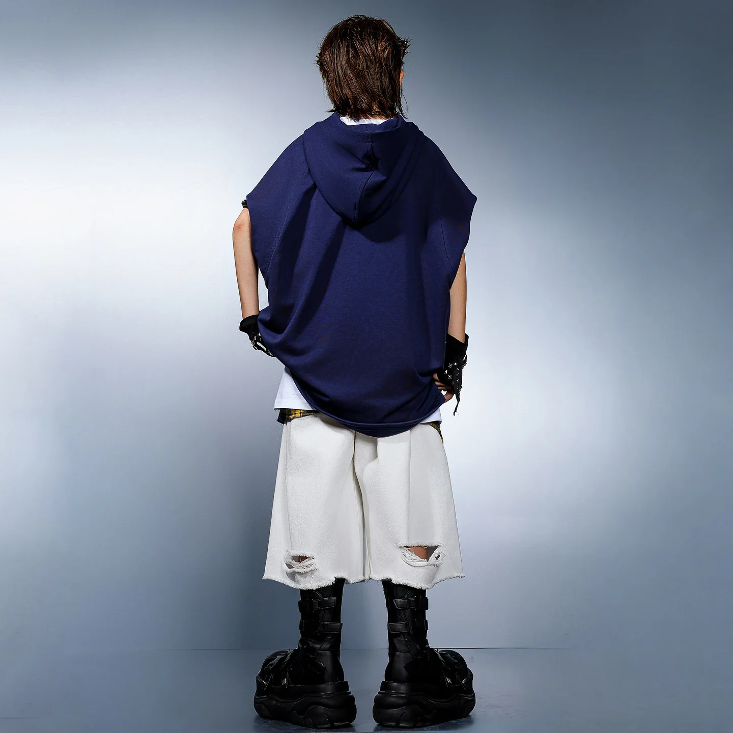 Enfant Kpop Hip Hop vêtements bleu marine à capuche débardeur blanc en détresse déchiré Shorts pour fille garçon Jazz danse porter Costumes vêtements