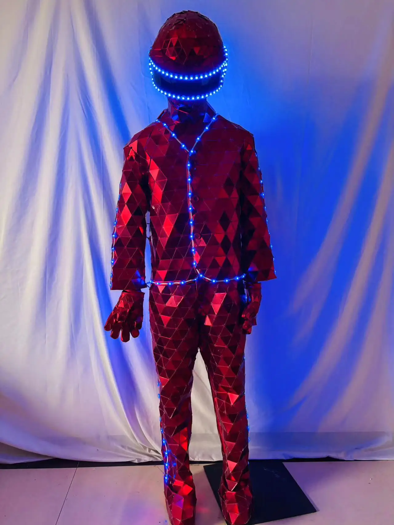 LED Mirror Costume Red Color Lighting Up Stage Costume for Men Hand Made Suit with Mask