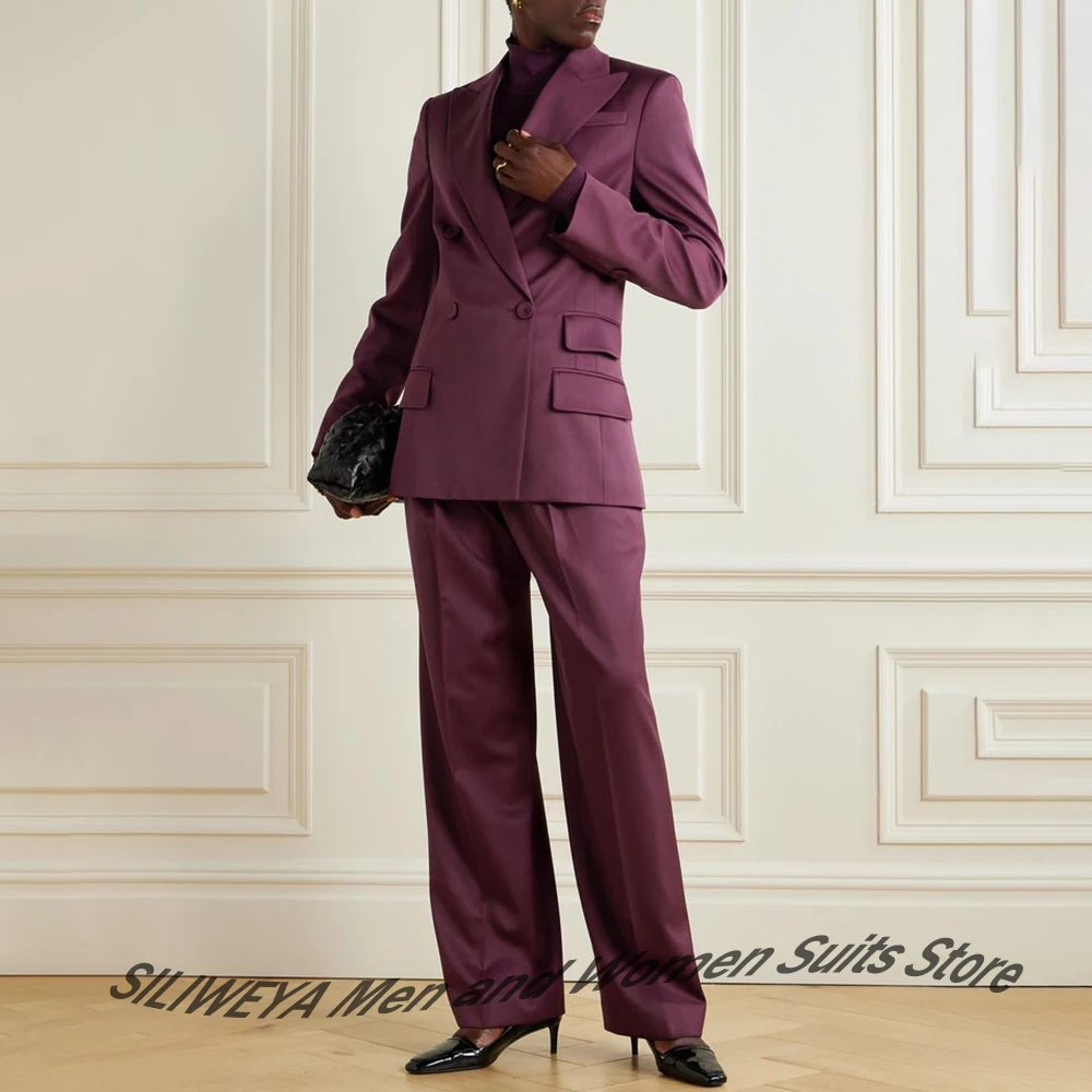 

Элегантные женские костюмы из 2 предметов (куртка + брюки), комплект с остроконечными лацканами, двубортный сливовово-фиолетовый пиджак, профессиональная офисная женская одежда