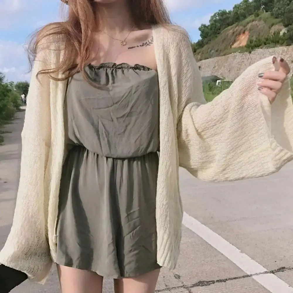 High Quality Solid Color Summer Knitted Cardigan Polyester Long Sleeve Air-Conditioning Shirt Long Sleeve Smock Top Women