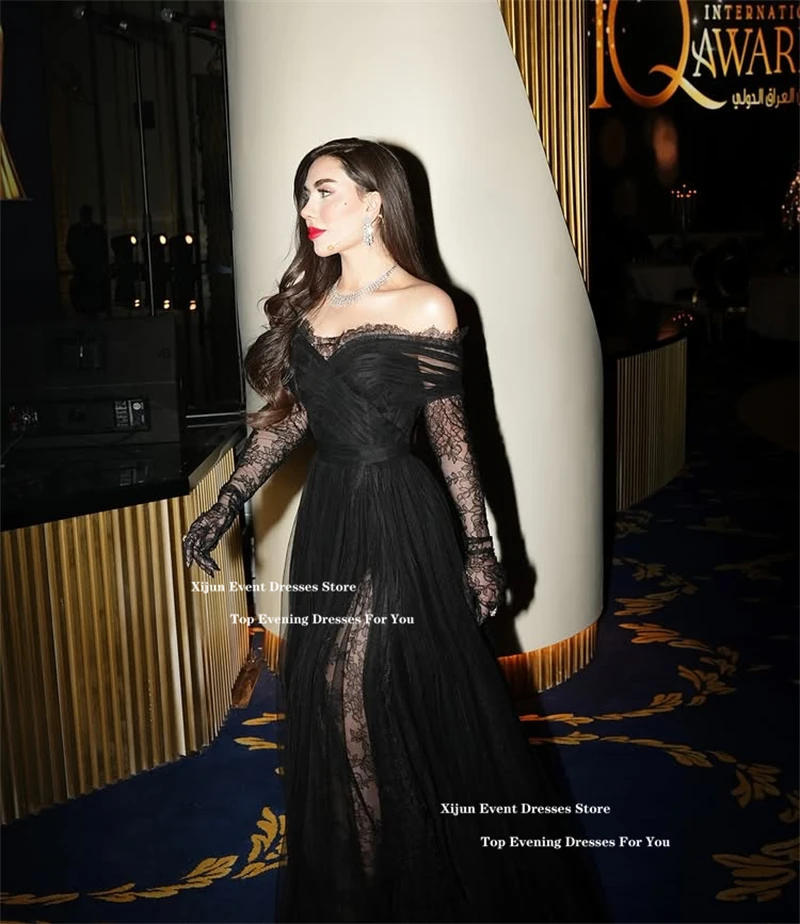 Xijun Sexy Black Lace Long Evening Dresses Off The Shoulder Sweetheart Prom Dress Slit Saudi Arabric Formal Occasion Prom Gowns image 4