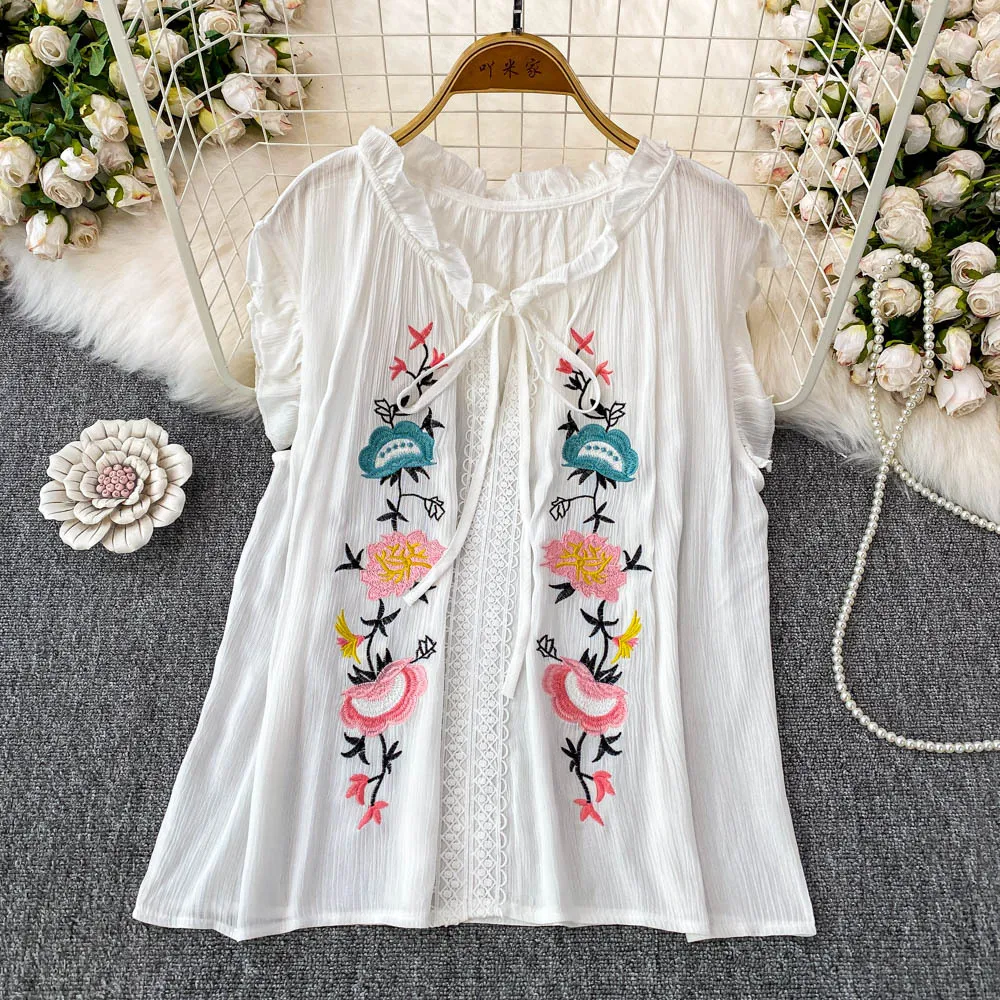 بلوزة نسائية صيفية بوهيمية موديل 2025 بدون أكمام بحافة أذن خشبية ورقبة على شكل حرف v بلوزات قميص مطرزة بالزهور بلوزة شاطئ بوهو غير رسمية #5