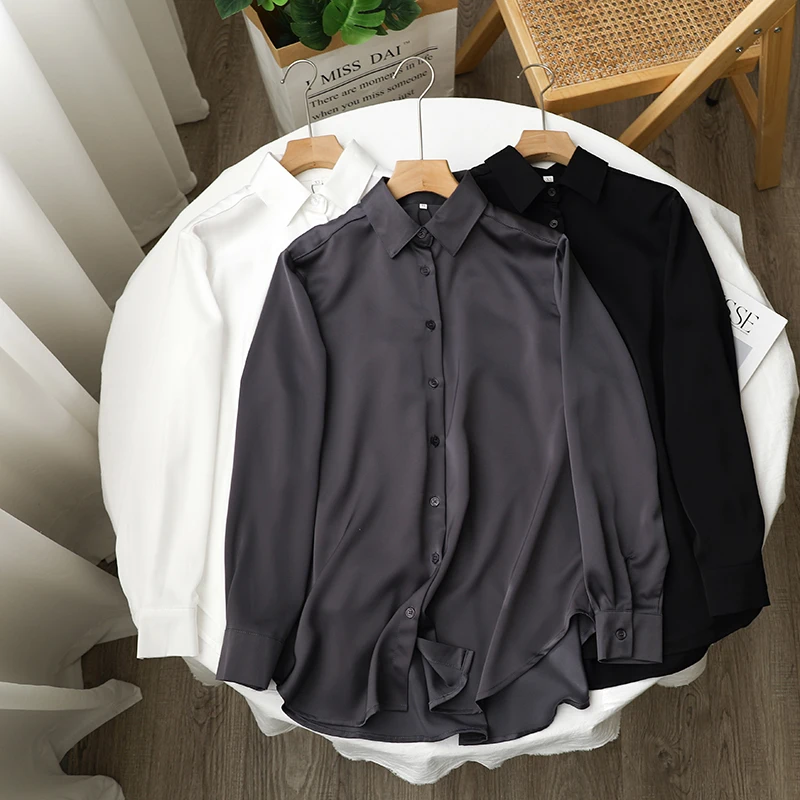 

Commuter Chic Satin Lapel Resistant Mid-length Shirt Women Soft Temperament Blouse Spring Autumn