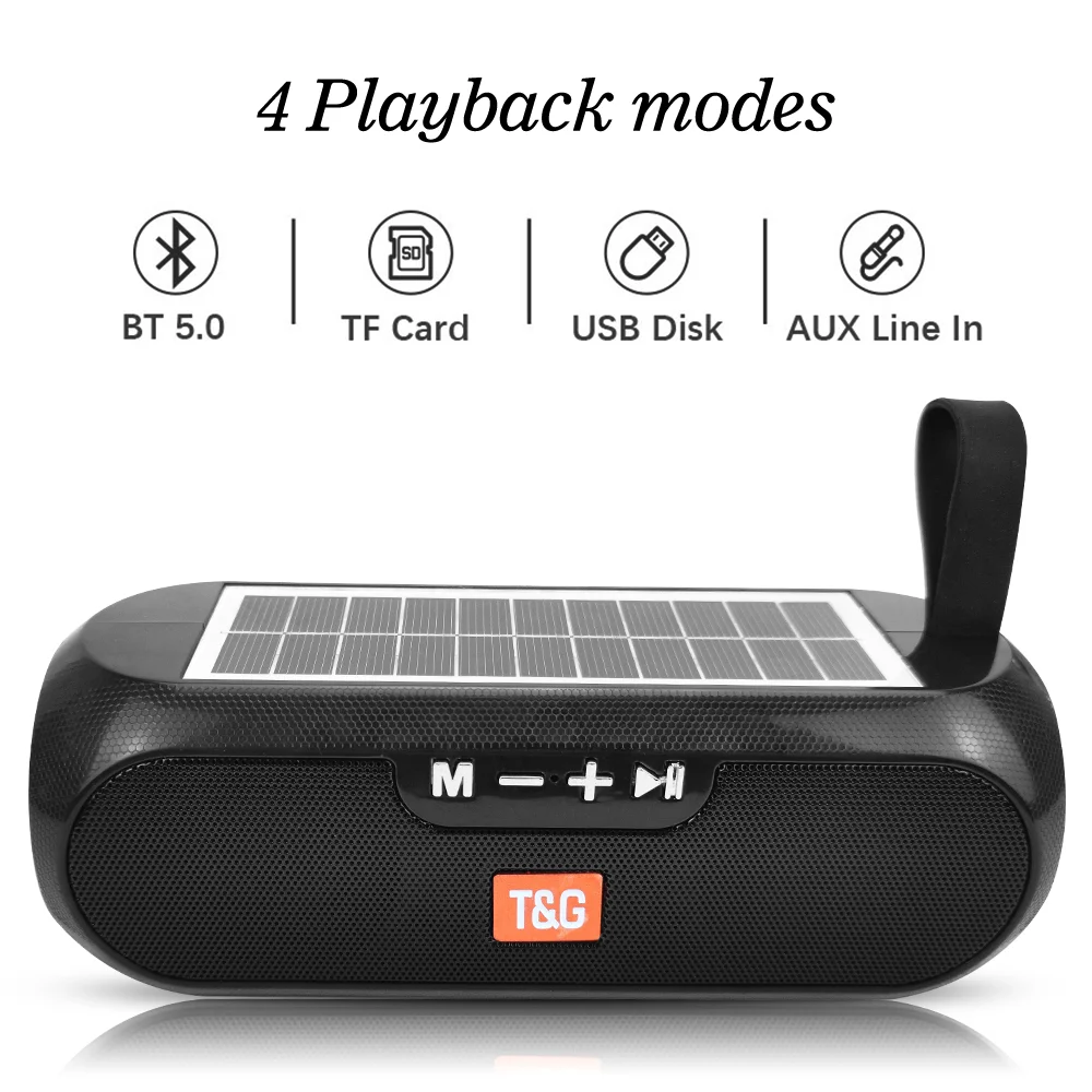 TG182 Portable Solar Power Bluetooth Speakers Column Waterproof Wireless Stereo Music Speaker 1200mAh AUX FM Radio Boombox