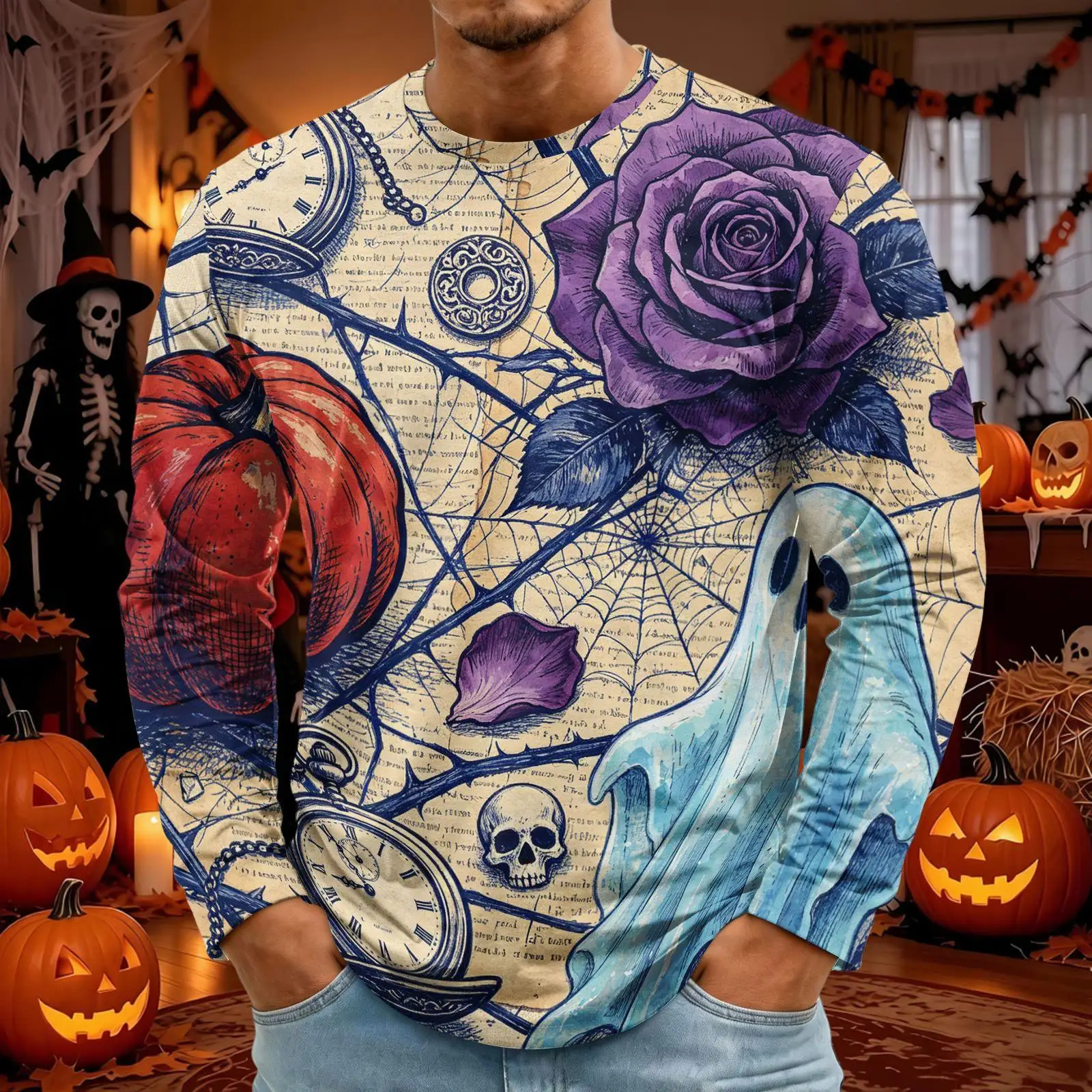 Men Crew Neck Long Sleeve T-shirt Halloween 3D Ghost Castle Skeleton Rose Octopus Horror Full Print Casual Party Tops