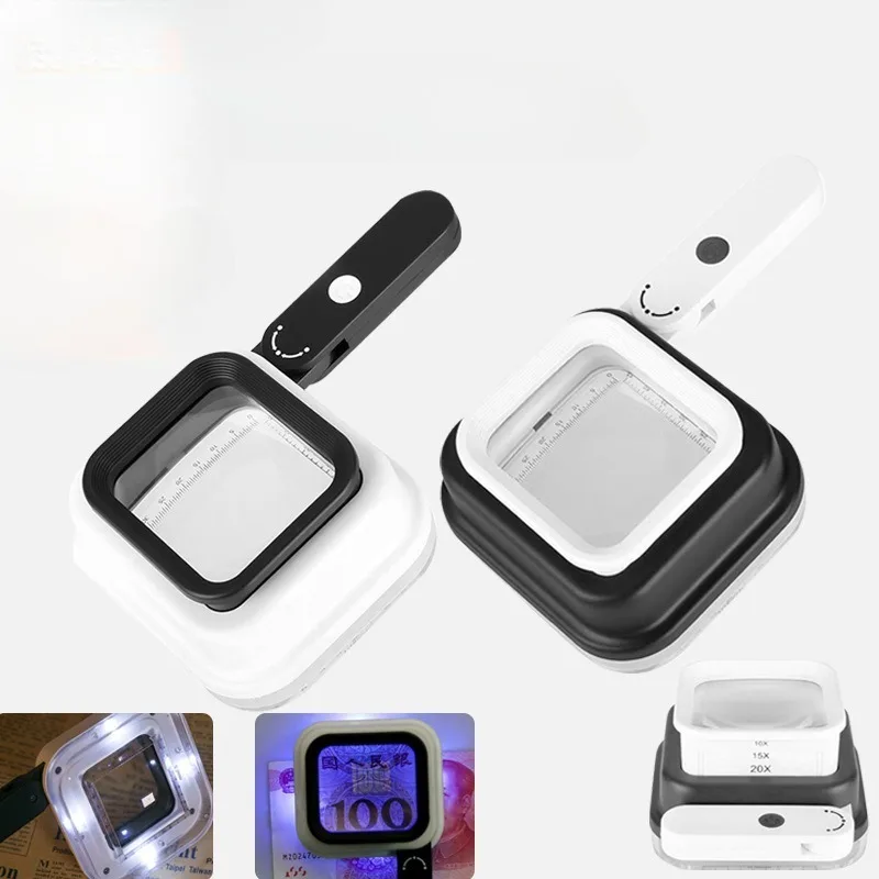 

10/15x Foldable Scale Handheld Loupe Magnifying Glass with Light LED UV Portable Lighted Newspaper Helpful Magnifier Glasses