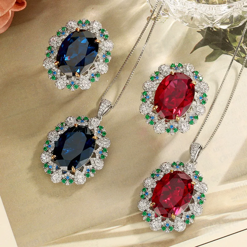 

Luxury Oval Cut Red Blue Gemstone Jewelry Adjustable Ring Pendant Necklace with Multi-Color CZ Halo for Women Party Wedding
