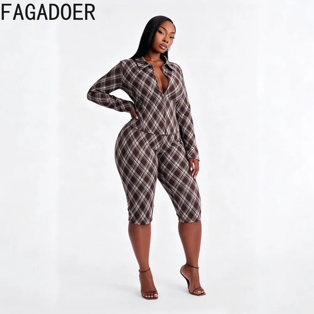FAGADOER Women Vintage Plaid 2 Piece Set Collared Front Zip Long Sleeve Crop Top High Waist Bodycon Capri Pants Matching Outfit - view 3