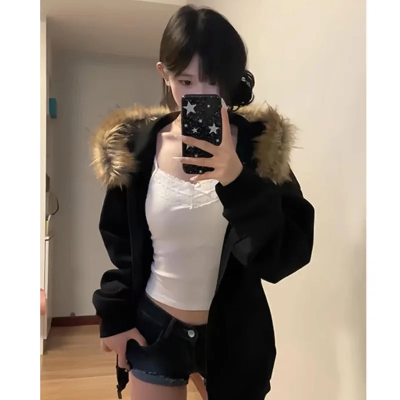 Faux Fur Spliced Streetwear Hooded Coat Black Zipper Korean Plush Hoodie Long Sleeve Harajuku Jacket Oversized Women\'s Outerwear