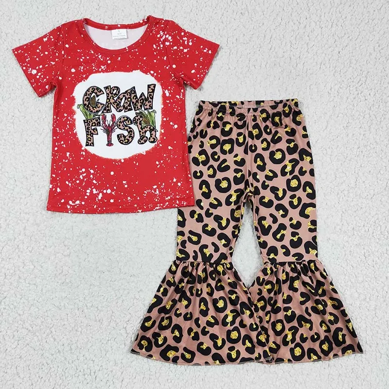 

Baby Girl Spring Kids Red Short Sleeves Crawfish Shirt Top Leopard Bell Bottom Pants Outfit Wholesale Toddler Children Set