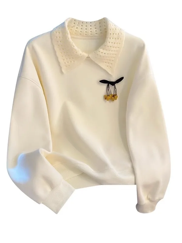 Damska bluza z podszewką, ocieplana, z kołnierzykiem, luźna, w stylu lazy, top na jesień i zimę, designerska, wersja koreańska, długi rękaw.