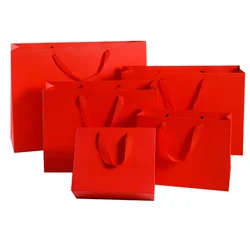 1pc Multi size red Kraft Paper gift Bags with handles Shopping Package Bag New Year DIY Wedding Birthday Party Gift bags present