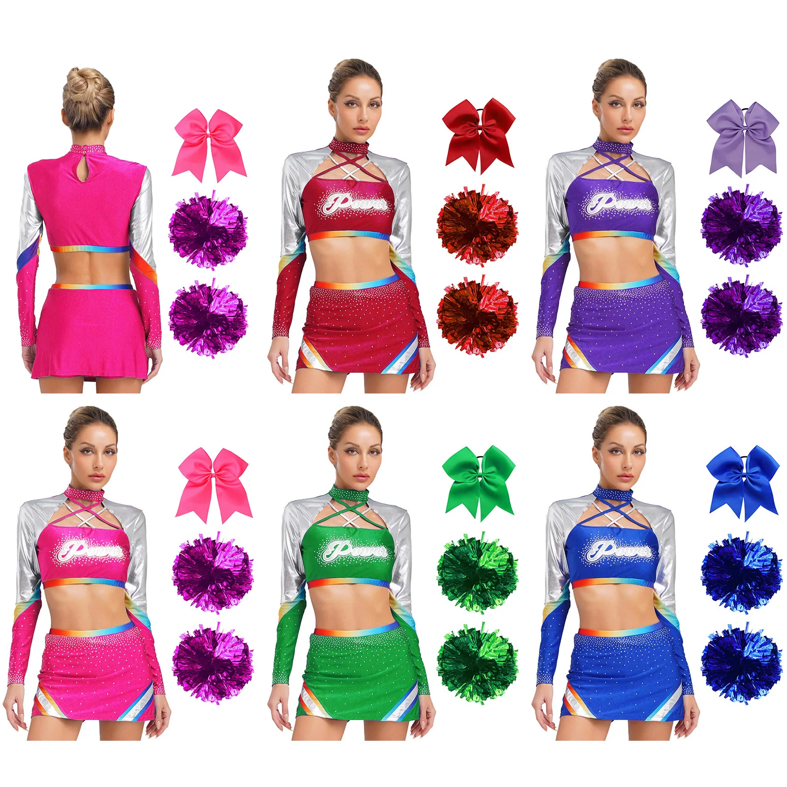 Women Cheerleading Dance Uniform Long Sleeves Crop Tops with Dance Skirt Cheerleading Hand Flowers And Bowknot Hair Ties Set