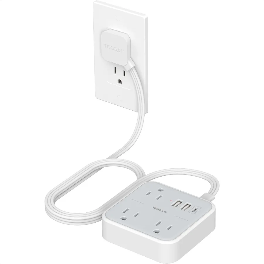 Ultra Thin Flat Extension Cord 5 FT TAN Slim Power Strip with USB Ports 1 USB C Surge Protector Flat Plug Wall Charger with 3 O