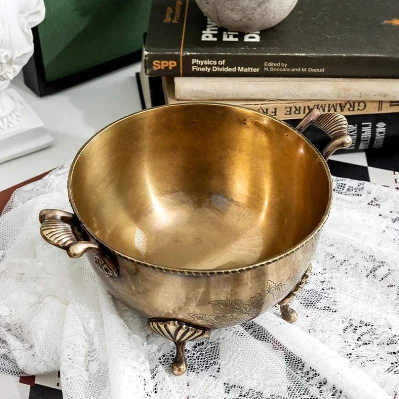 Brass Fruit Bowl Circular Dish With Hand Carved Detail Antique Serving Tray Dining Table Centerpiece Entertaining