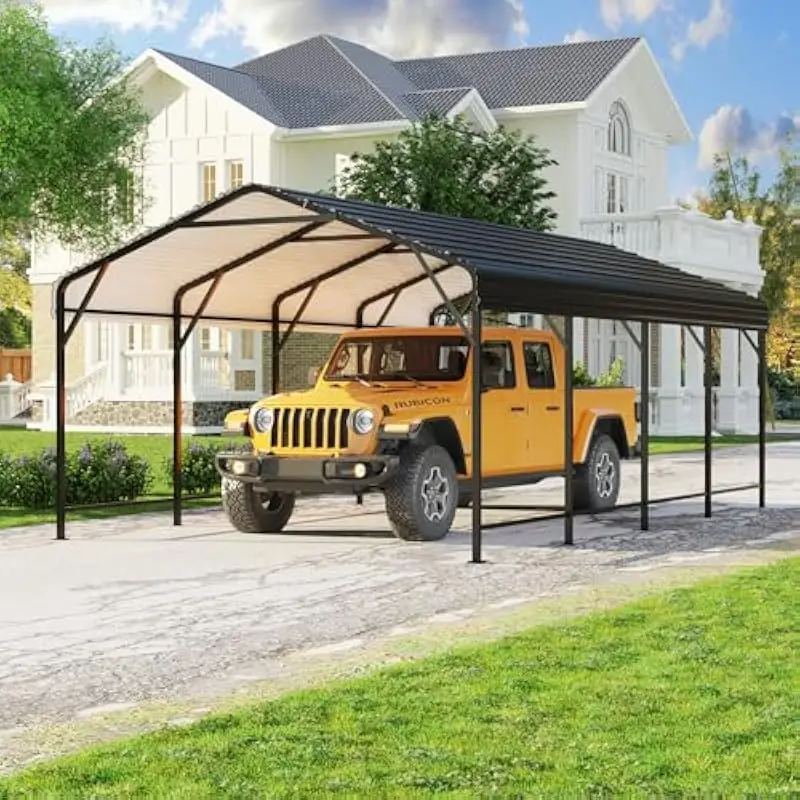 12x20 FT Heavy-Duty Steel Carport with Reinforced Roof Beams, Triple-Layer Rustproof Coating, Waterproof Sealed Canopy, Rubber-E
