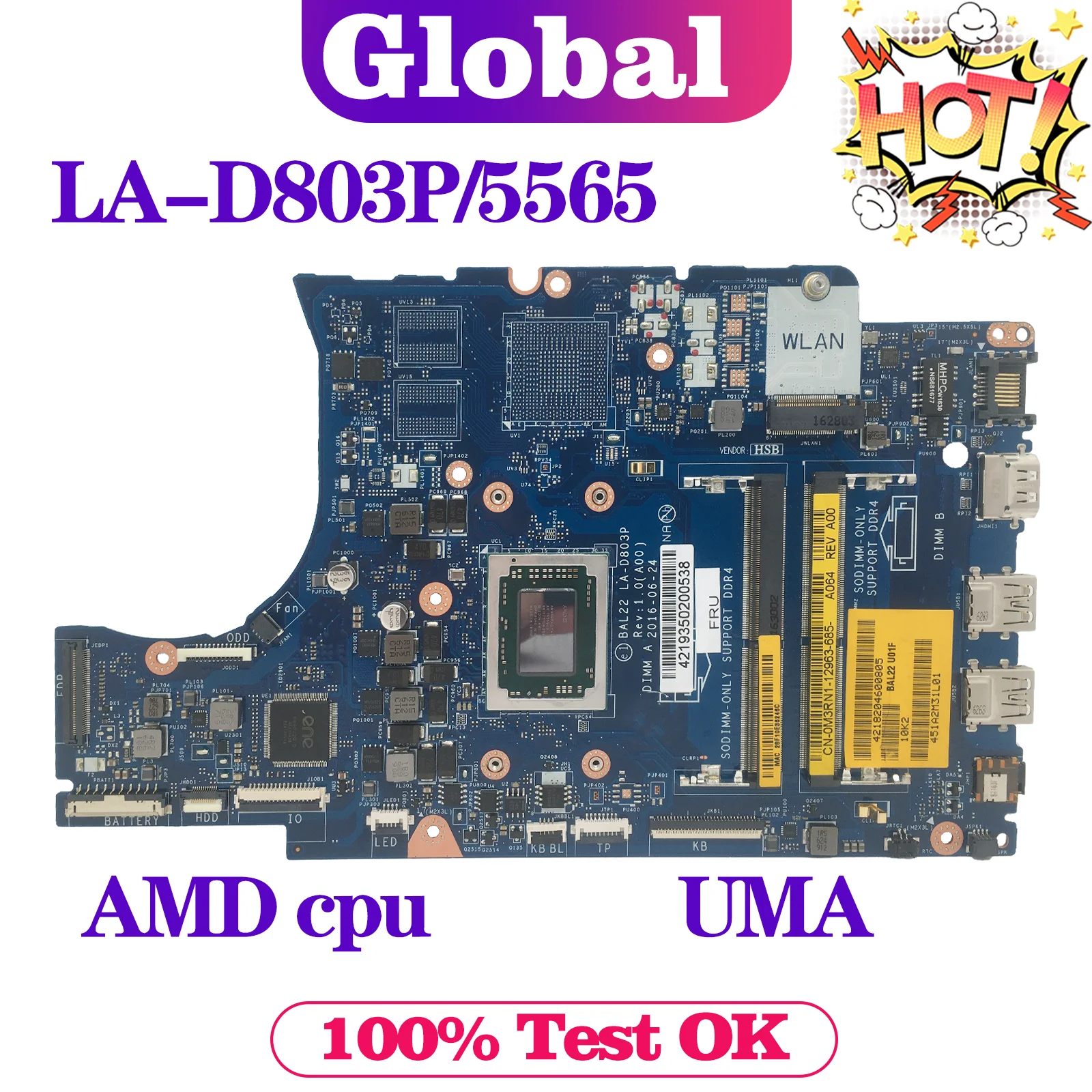 BAL22 LA-D803P Notebook Mainboard For Dell Inspiron 5565 5765 Laptop Motherboard AMD A10 A12 FX-9800P DDR4 UMA/PM