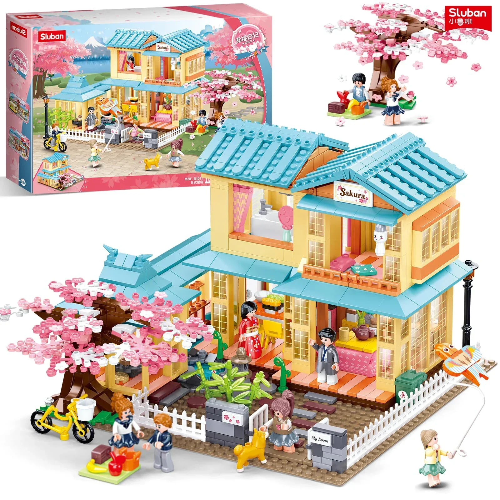 Bloques de construcción de casa de estilo japonés, casa de cerezo, ciudad, Streetview, modelo de ladrillos, decoración de escritorio, juguete para regalo DIY, 1029 Uds.