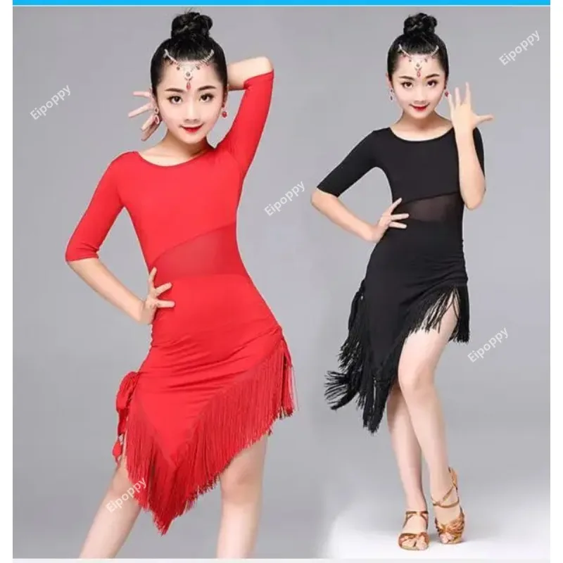 Children's Girl Latin Dance Costume, Bordered Latin Dance Outfit, Samba Outfit, Ballroom Tango Outfit, Black, Red, Dance Costume
