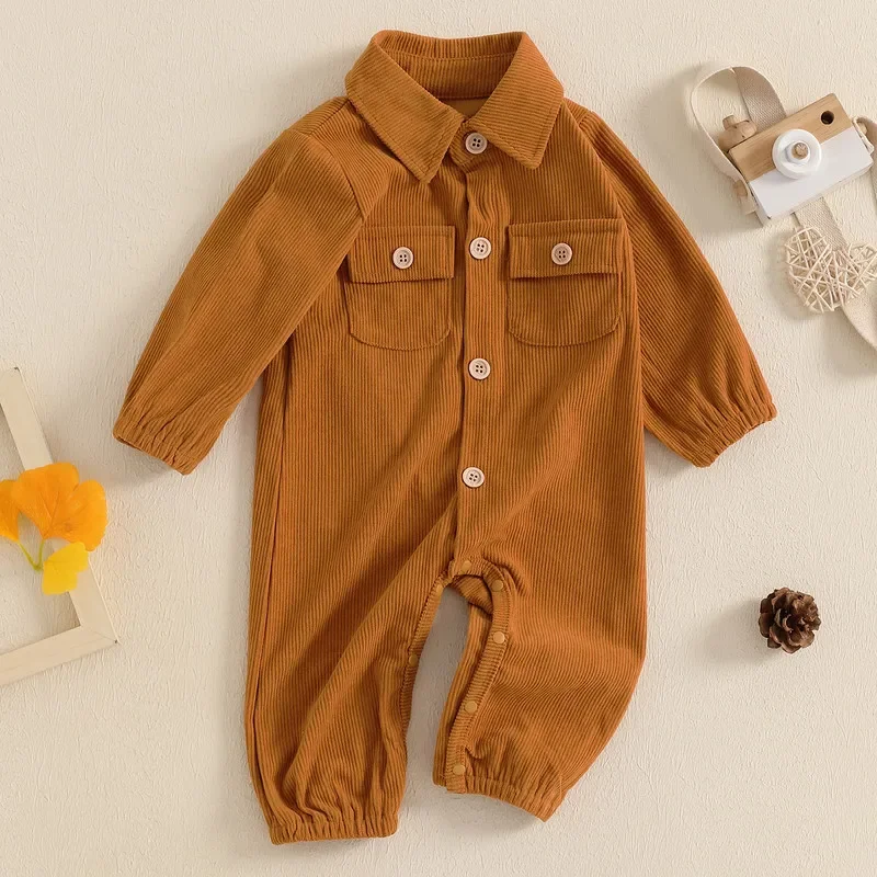 Baby Boy Romper Spring Autumn  Corduroy Long Sleeve Lapel Solid Color Button Up Jumpsuit Newborn Clothes 0 to 12 Months