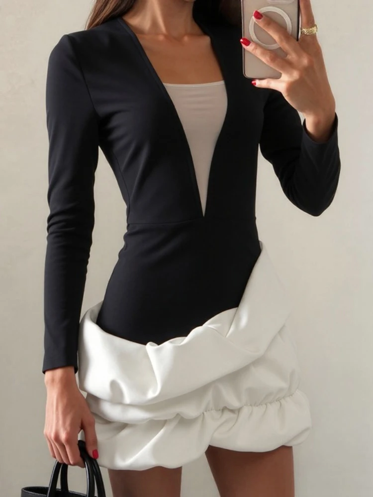 Tossy contraste com decote em v elegante mini vestido para mulher magro mangas compridas de cintura alta streetwear bodycon vestido feminino mini vestido