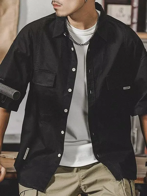American Style Heavyweight Short Sleeve Shirt Men Loose Large Size Outerwear Double Pocket Casual Workwear Shirt Summer Trend...