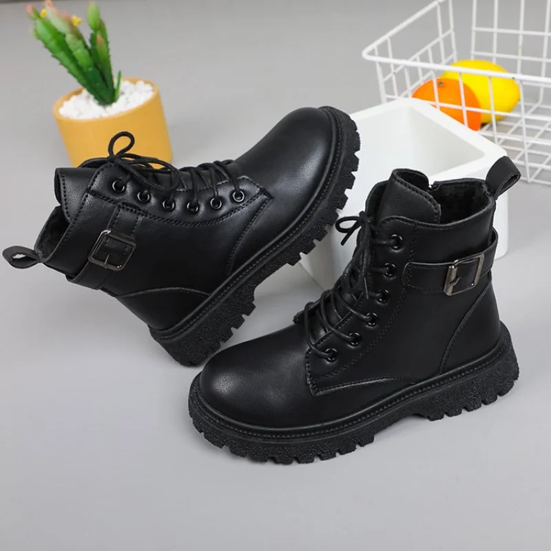 

Autumn/Winter ZIP Fashion Cool Baby Girls Warm Square Heel Round Toe Casual Lace-Up Comfortable Kids Black Mid Boots
