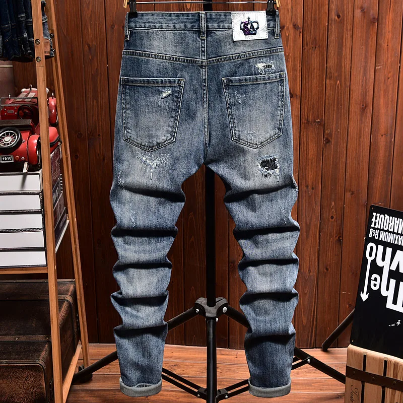 

Высококачественные рваные джинсы с мужскими нашивками, модные крутые джинсы в корейском уличном стиле, ностальгические длинные брюки