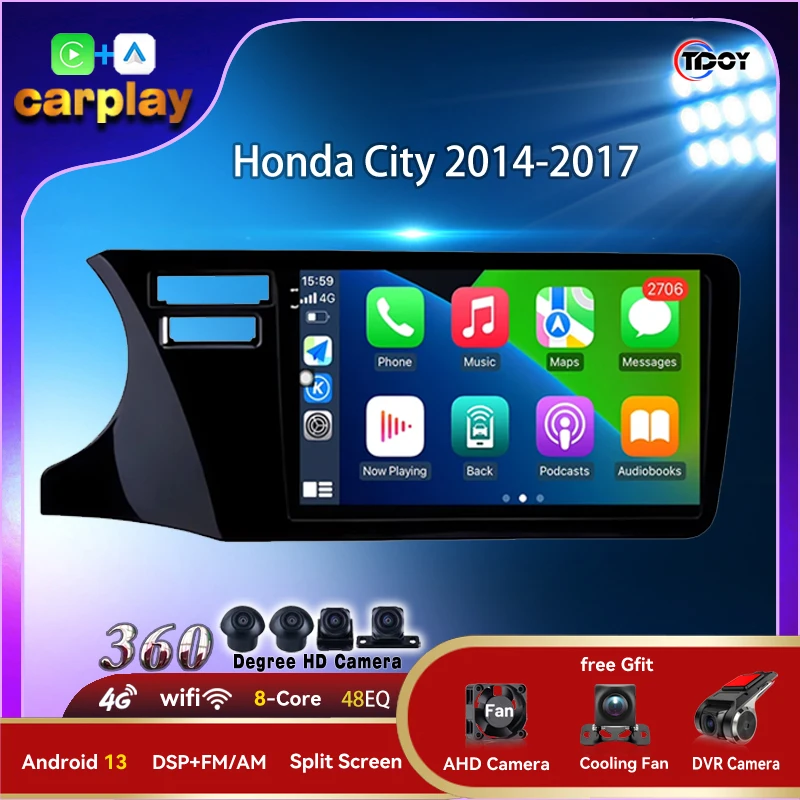 

Carplay Android Auto Wireless Multimedia Player For Honda City 2014-2017 Car Video FM AM RDS 8Core Android 14 Radio Subwoofer 4G