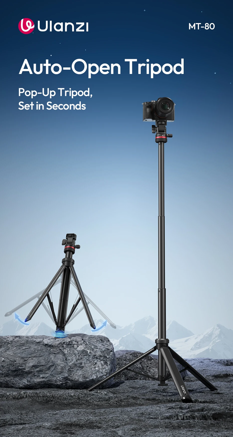 � Ulanzi MT-80 Stativ mit automatischer Öffnung, 2 m Bodenstativ, Selfie-Ständer für Kamera, Smartphone, Videoleuchte mit 360 ° Pfanne & 180 ° Neigung – Detail 1