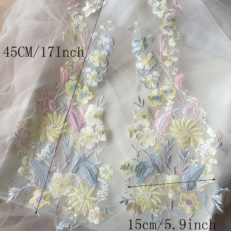 1 Pair Flower Appliques Floral Embroidery Lace Patches Fabric For Wedding Dress Skirt Clothing DIY Sewing Repair