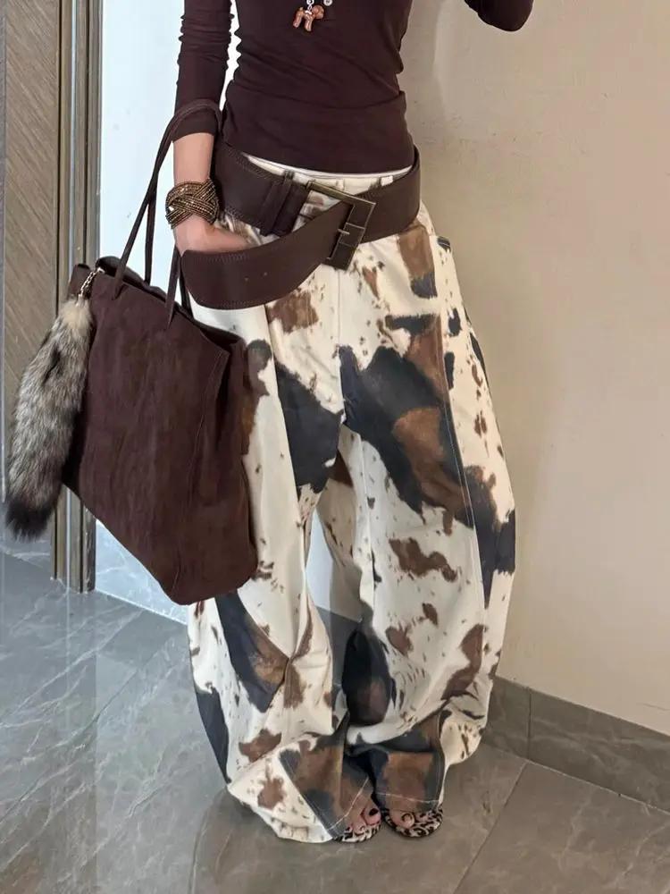 

American Apricot Cow Print Jeans Children Spice Loose Floor Pants