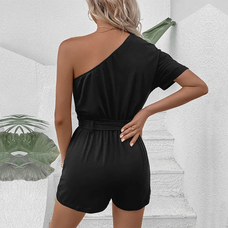 Barboteuse à manches courtes pour femme, combinaison décontractée, couleur unie, taille élastique, extensible, avec ceinture, été 2024