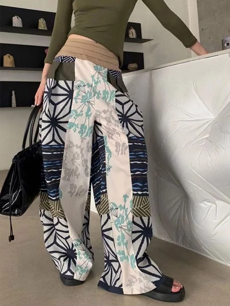Women's Japanese Patchwork Wide-Leg Pants-Geometric Floral Striped Print, High Waist Drawstring Loose Fit Trousers Spring Summer