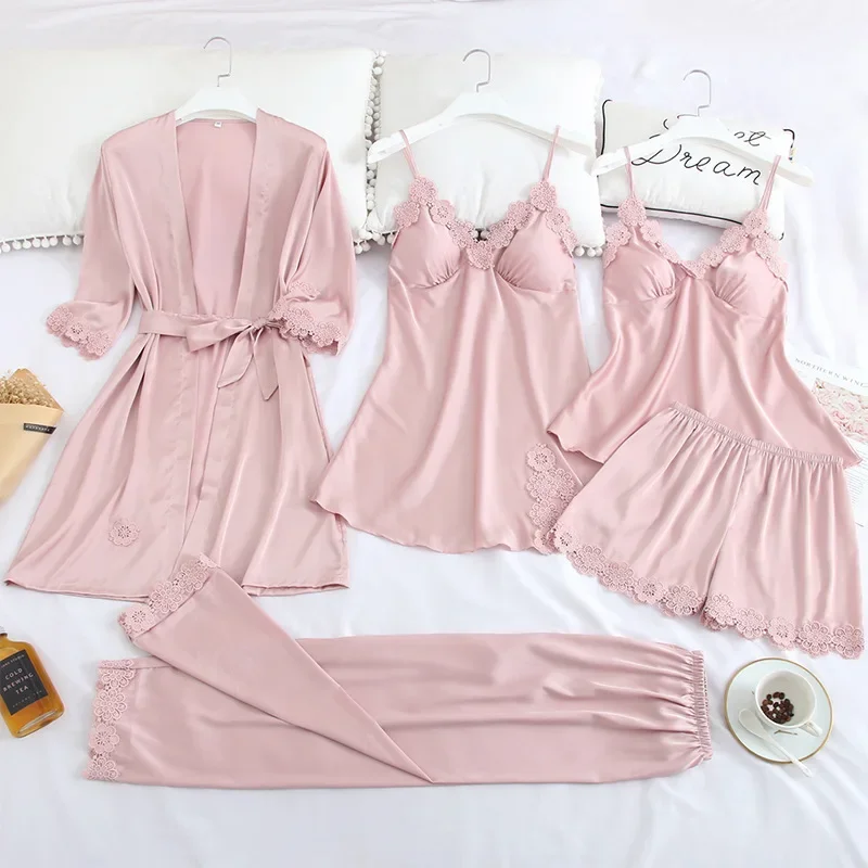 5PCS Pajamas Set Burgundy Womens Satin Lace Sleep Pijama Home Nightie Sexy V-Neck Bathrobe Spring Wear Robe Gown Suit Sleepwear