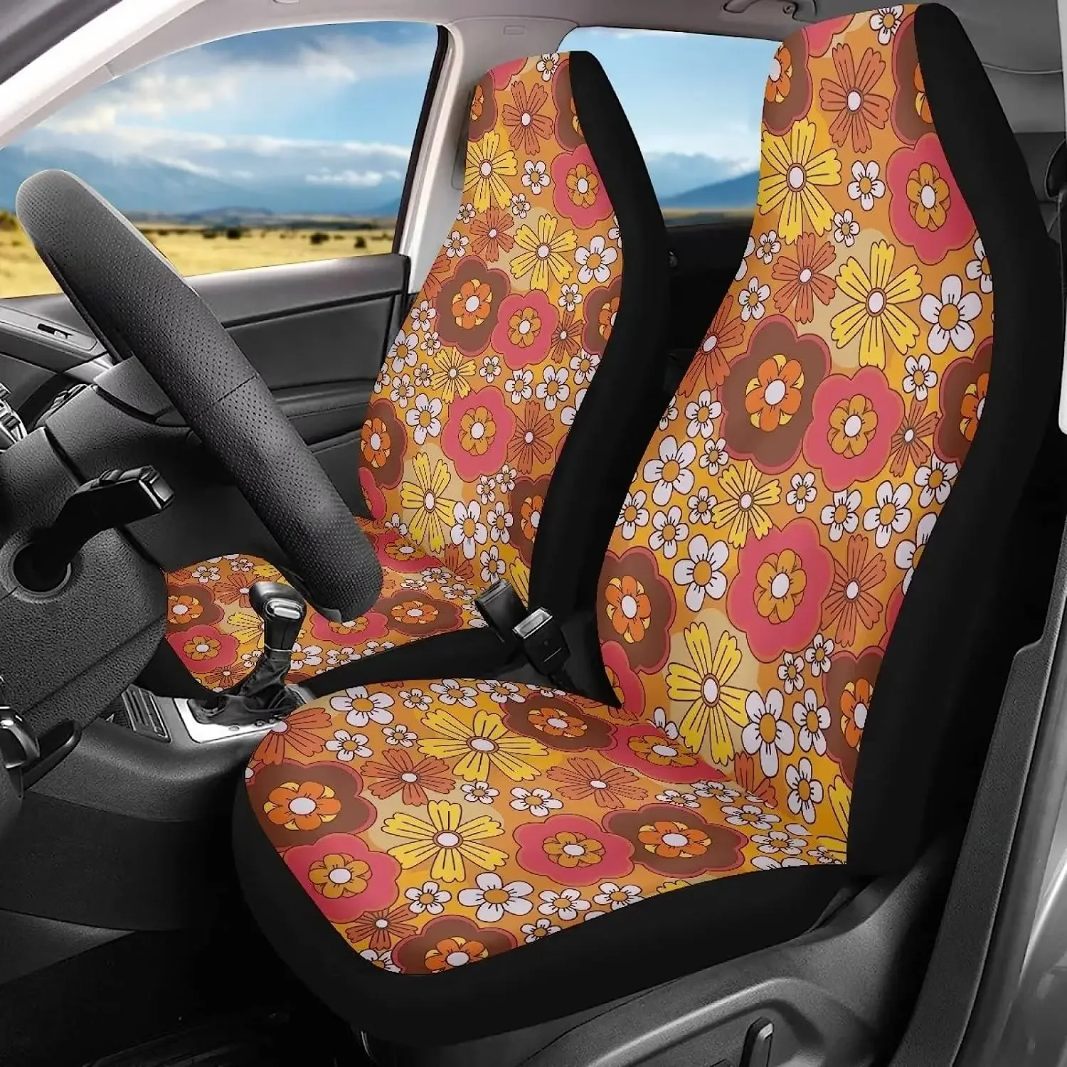 2 Pack Hippie Flower Car Seat Cover Set 2Pack Set Abstract Groovy Floral Seat Cushion for Vehicle Truck Anti Dirty